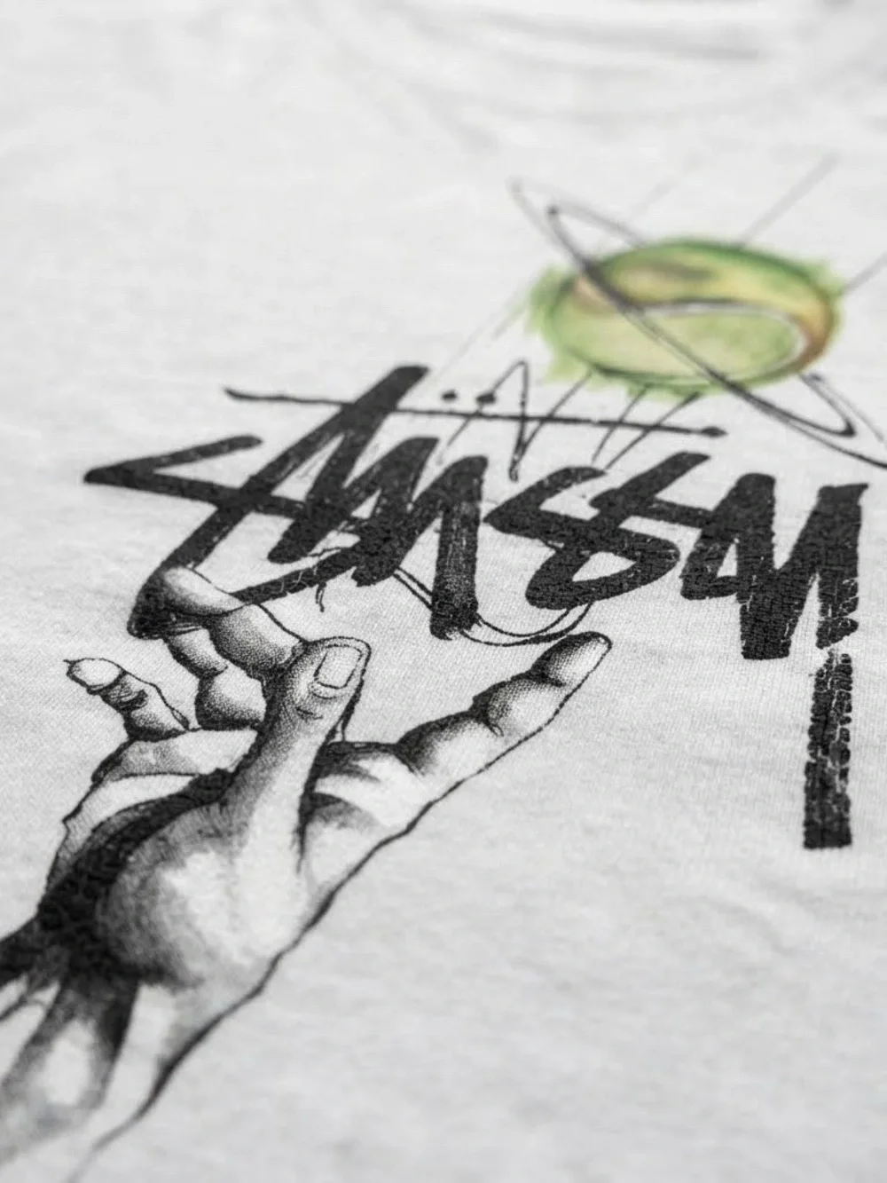 Gildan Stussy White Short-Sleeve Tee with Black Script and Green Planet Graphic